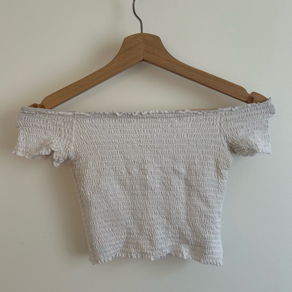 Garage White Smocked Off-Shoulder Crop Top